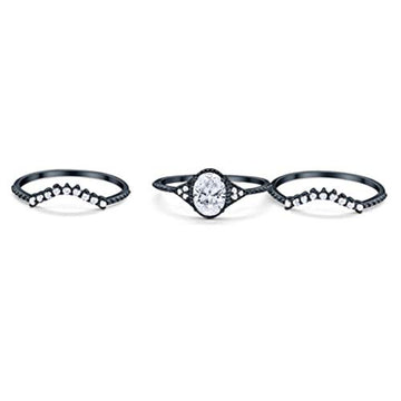 Three Piece Bridal Set Oval Round Black Tone, Simulated CZ Wedding Ring 925 Sterling Silver